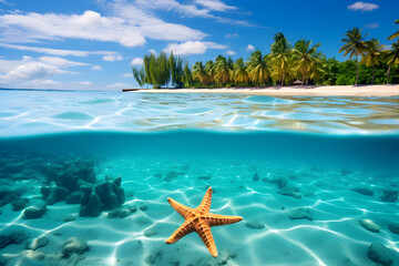 Fototapeta na wymiar Big orange starfish in the sea with tropical beach on background, selective focus. Underwater blue ocean life, ecosystem concept
