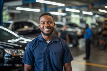 Friendly Black Auto Mechanic at Workshop