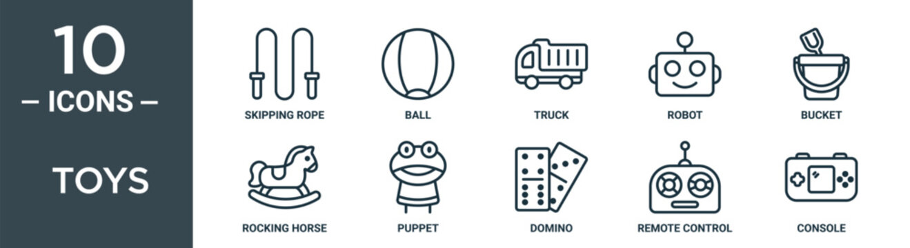 toys outline icon set includes thin line skipping rope, ball, truck, robot, bucket, rocking horse, puppet icons for report, presentation, diagram, web design