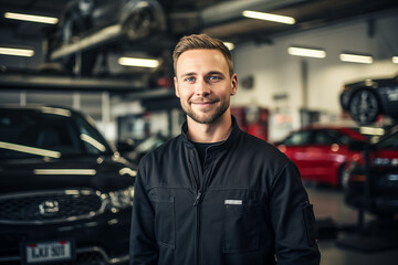 Handsome Caucasian Auto Mechanic at Garage Smiling