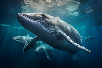 Wale im Meer, Walfamilie in blauem Wasser