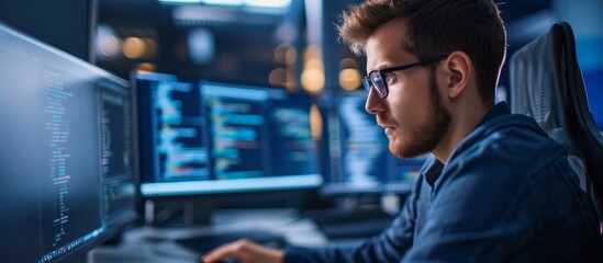 At his office, a professional plans and implements work to expand the enterprise network structure, specializing in machine learning or system administration programming.