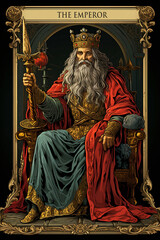 Fototapeta premium Medieval style tarot card with the emperor image symbol of world knowledge and expertise, used in esoteric cartomancy by fortune tellers