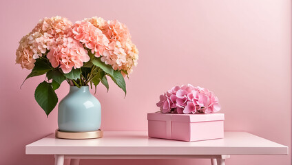 Beautiful vase with hydrangea flowers, gift box on the table minimal