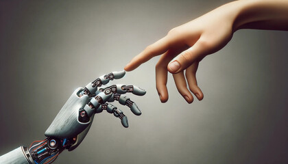 Interaction between a robotic hand and a human hand touching fingers - obrazy, fototapety, plakaty