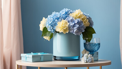 Beautiful vase with hydrangea flowers, gift box on the table decor romance