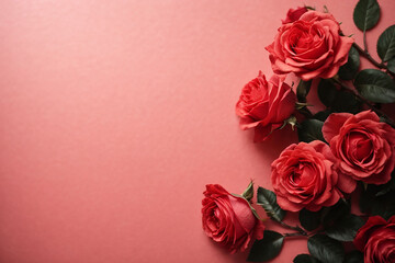 Top view of red rose flower isolated background, empty space, Mother's day, 8 march