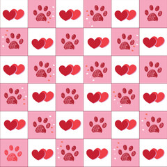 Plaid pink and red hearts pattern with paw prints 