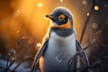 Junger Pinguin in goldenem Licht - obrazy, fototapety, plakaty