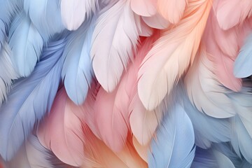 Pastel Feathers Background, pastel color feather abstract background texture, pastel feathers wallpaper, pastel bird feathers pattern, AI Generative - obrazy, fototapety, plakaty