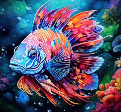 An artistic painting of a colorful fish. Generative AI.
