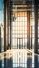 Blurred abstract background interior view looking out toward to empty office lobby and entrance doors and glass curtain wall with frame