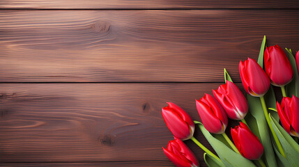 Red tulips on wooden background with copy space.