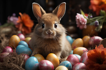 Osterhase mit vielen bunten Eiern, Hase versteckt Ostereier zwischen bunten Blumen, Glückliches Kanninchen