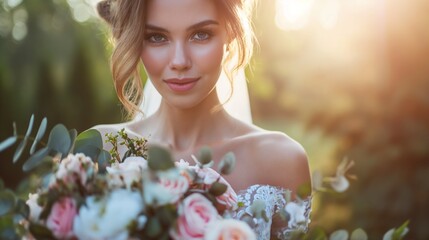Beautiful woman in wedding dress with bouquet of flowers.