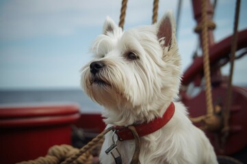 Brave white dog travels on big ship. Captain pet ship rope white clouds. Generate Ai