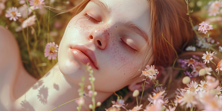 dreamy young woman with closed eyes is seen laying in the grass, generative AI
