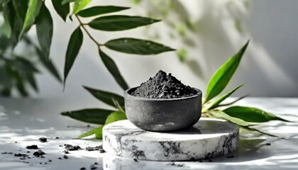 Presented on a white podium adorned with green leaves, the activated bamboo charcoal extract provides numerous advantages for the skin.