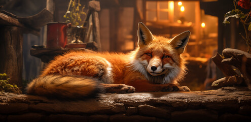 Fuchs in einer märchenhaften Umgebung, Fuchs sitzt vor einem schönen und mystischen Haus im Wald
