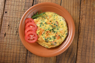 egg omelette with herbs and tomato sausage tasty and healthy food street food carbohydrate bar