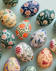 Fototapeta na wymiar Hand-painted Easter eggs arranged in an aesthetically pleasing pattern