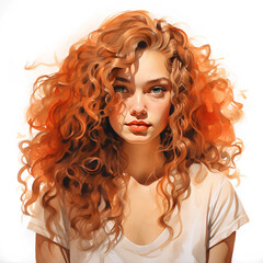Fototapeta premium Portrait of a young beautiful woman with volumetric curls on a white background.