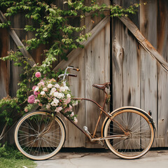 Fototapeta na wymiar A vintage bicycle adorned with flowers against a rustic backdrop