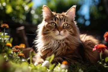 Naklejka na ściany i meble Cute cat lying on a grass in garden on sunny day