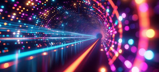 High-speed movement of data through a neon-lit tunnel, symbolizing the rapid exchange of information in the digital age - obrazy, fototapety, plakaty