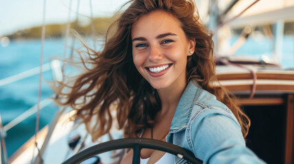 beautiful young cheerful woman on a yacht in the sea, sailing ship control, emotional girl, yachting, smiling lady, summer, travel, ocean, vacation, portrait, hobby, sport