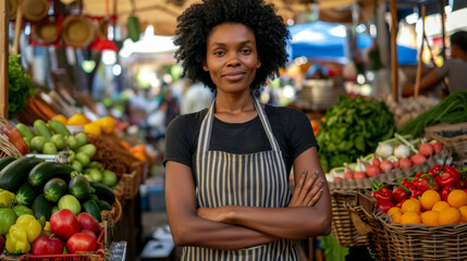 Portrait of a black female working at a farmers market stall with fresh organic agricultural...
