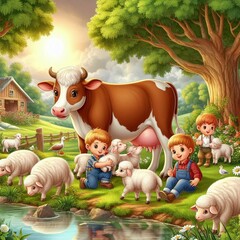 Fototapeta premium A cow is nursing her calf, with a young lamb beside them suckling from the cow, and a young child on a farm with long green grass, trees, water, and young school students beside them.