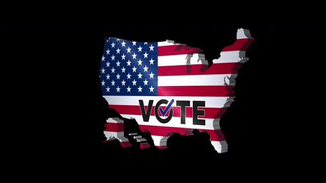 Usa election vote animation isolated by the alpha channel(transparent background).Loop.3D USA map rotating with text Vote.ability to easily apply to images or videos.