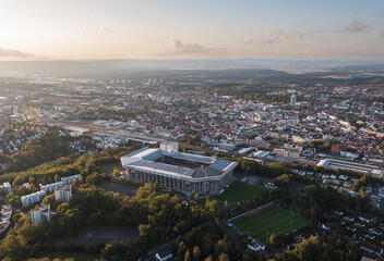 Aerial panoramic skyline cityscape of Kaiserslautern city and Fritz-Walter-Stadion, 1. FC...