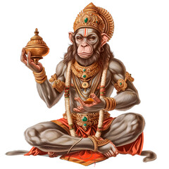 "Regal Hanuman Holding a Sacred Vessel, Detailed Illustration with Transparent Background