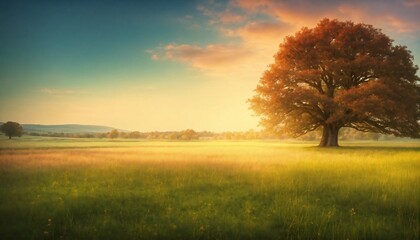 Beautiful tree in the middle of a field covered with grass with the tree line in the background - obrazy, fototapety, plakaty