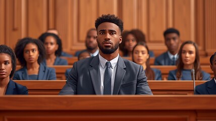 Male Public Defender Presenting Case, Making Passionate Speech to Judge, Jury. African American Attorney Lawyer Protecting Client's Innocents with Supporting Argument, generative ai - obrazy, fototapety, plakaty