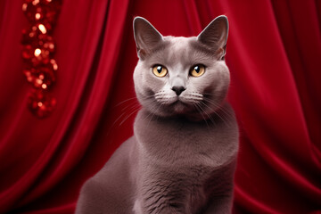 Elegant Russian Blue Cat on Red Velvet Background