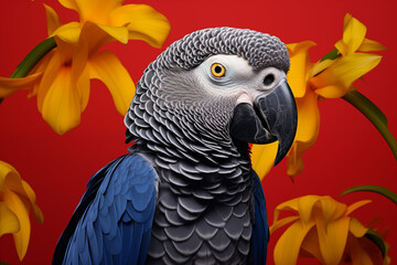 African Grey Parrot with Yellow Lilies on Red Background