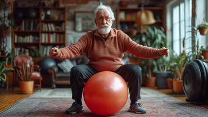 elderly man doing exercise on a fitness ball, generative ai