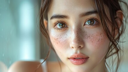Dermatology, expression face worry asian young woman looking mirror hand touch facial , generative ai