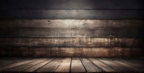 Old wood table with wooden panel wall in dark wood room background for product display