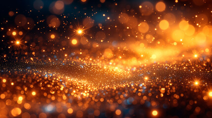 Fototapeta premium Gold particles on a black background abstraction background. Golden christmas particles and sprinkles for a holida. Fire in the night.