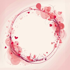 A valentine's day greeting card featuring abstract circular frame with swirling red vines and hearts on a pink gradient background