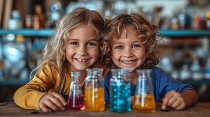 Portrait of two smiling children enjoying doing scientific experiments, generative ai