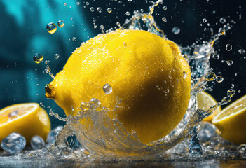 Un citron jaune avec des éclats d'eau dessus - generative AI