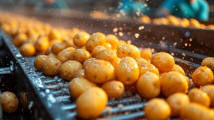 Potatoes are transferred into the container through a close-up potato conveyor, generative ai - obrazy, fototapety, plakaty