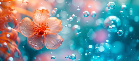Unique abstract underwater floral background with focus on flower, spreaders, and bubbles; featuring small sharpness bluff and ample advertising copy space.