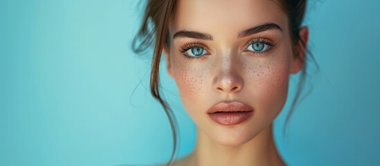 Close-up portrait of a beautiful young woman with flawless skin, natural nude makeup, and long eyelashes, against a blue background, gazing directly at the camera in a studio setting.