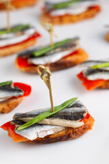 Canapes with anchovies and peppers on a white plate. Catering.